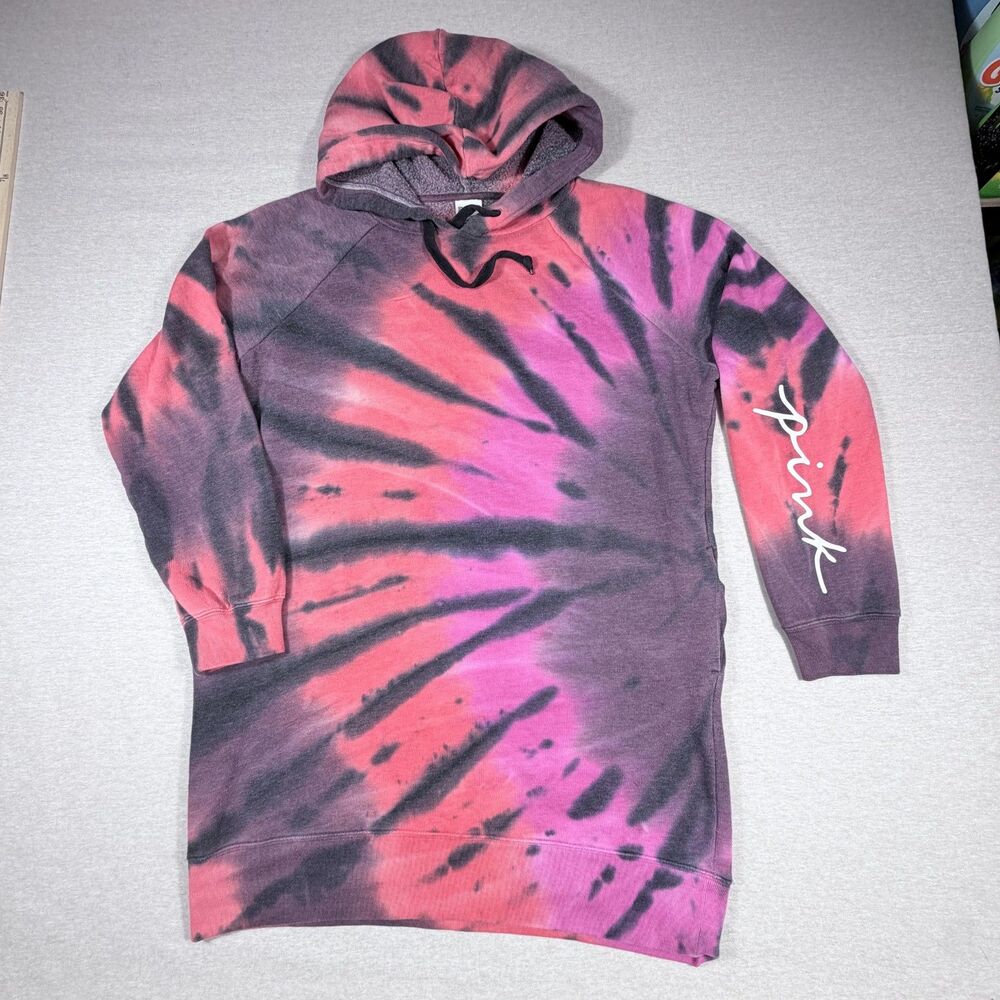 Victoria's Secret PINK Tye Dye Oversized Shirt Hooded Dress Pink Red Purple XS